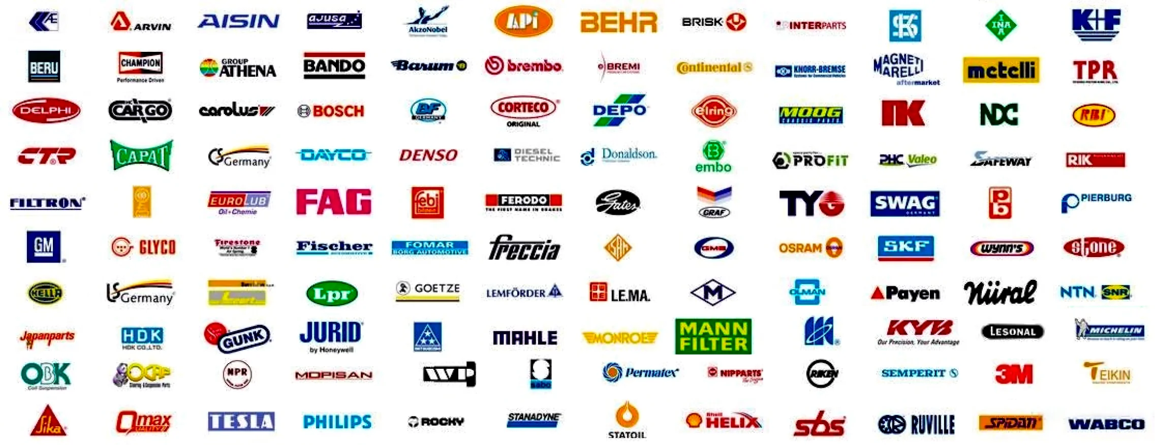 Logos of our suppliers: Bosch, Mahle, Continental, Brembo, MANN-FILTER, Michelin, SKF, Denso and more